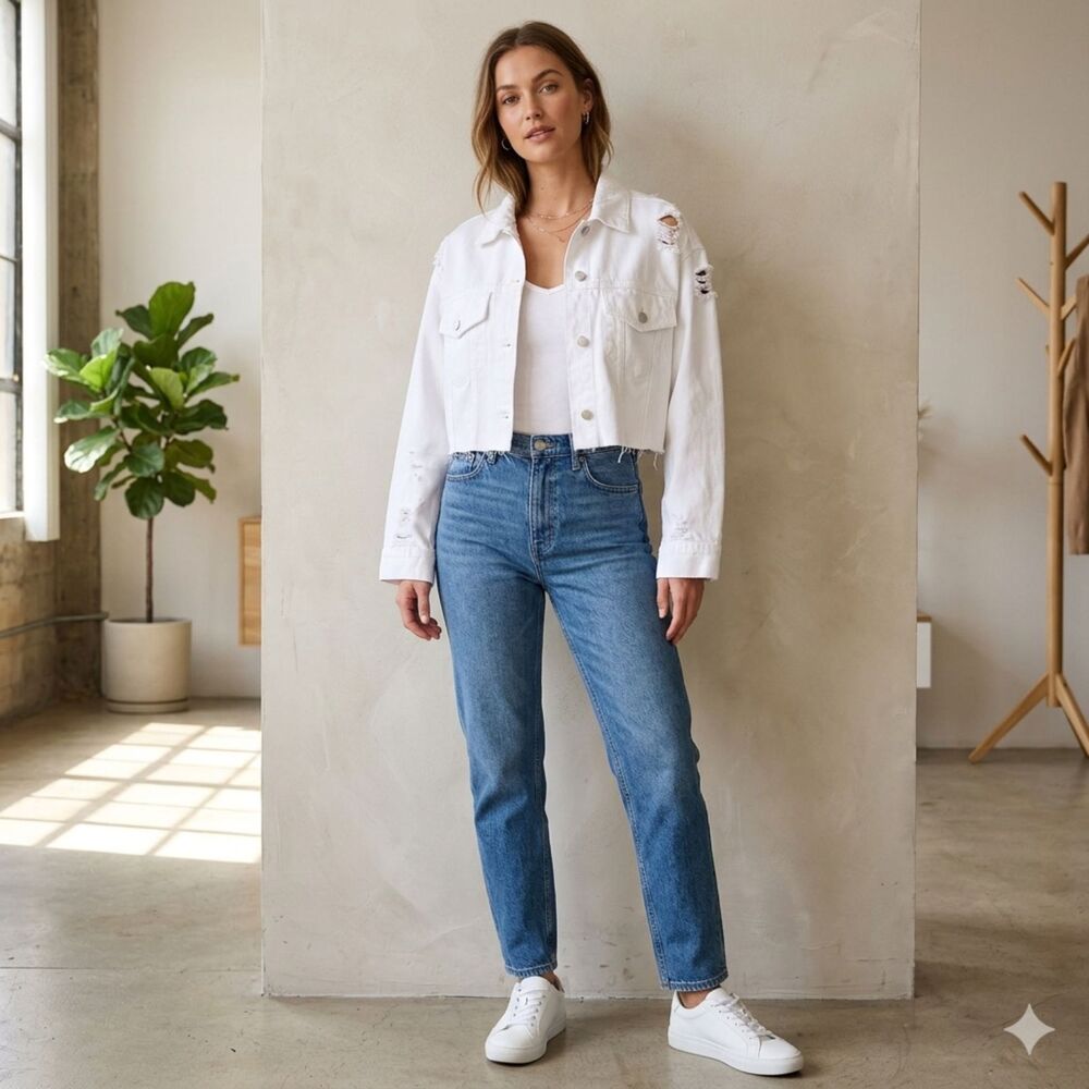 JBD. Alani Distressed White Denim Cropped Jacket Raw Hem Jean Small Buttons